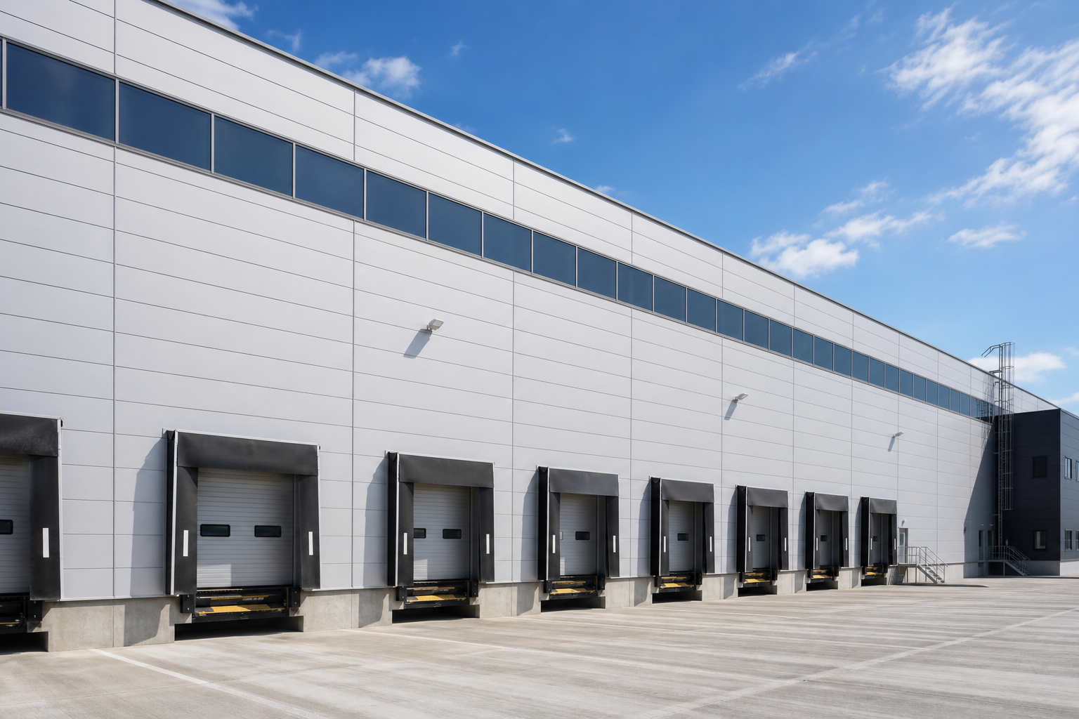 Large warehouse building using sandwich panels