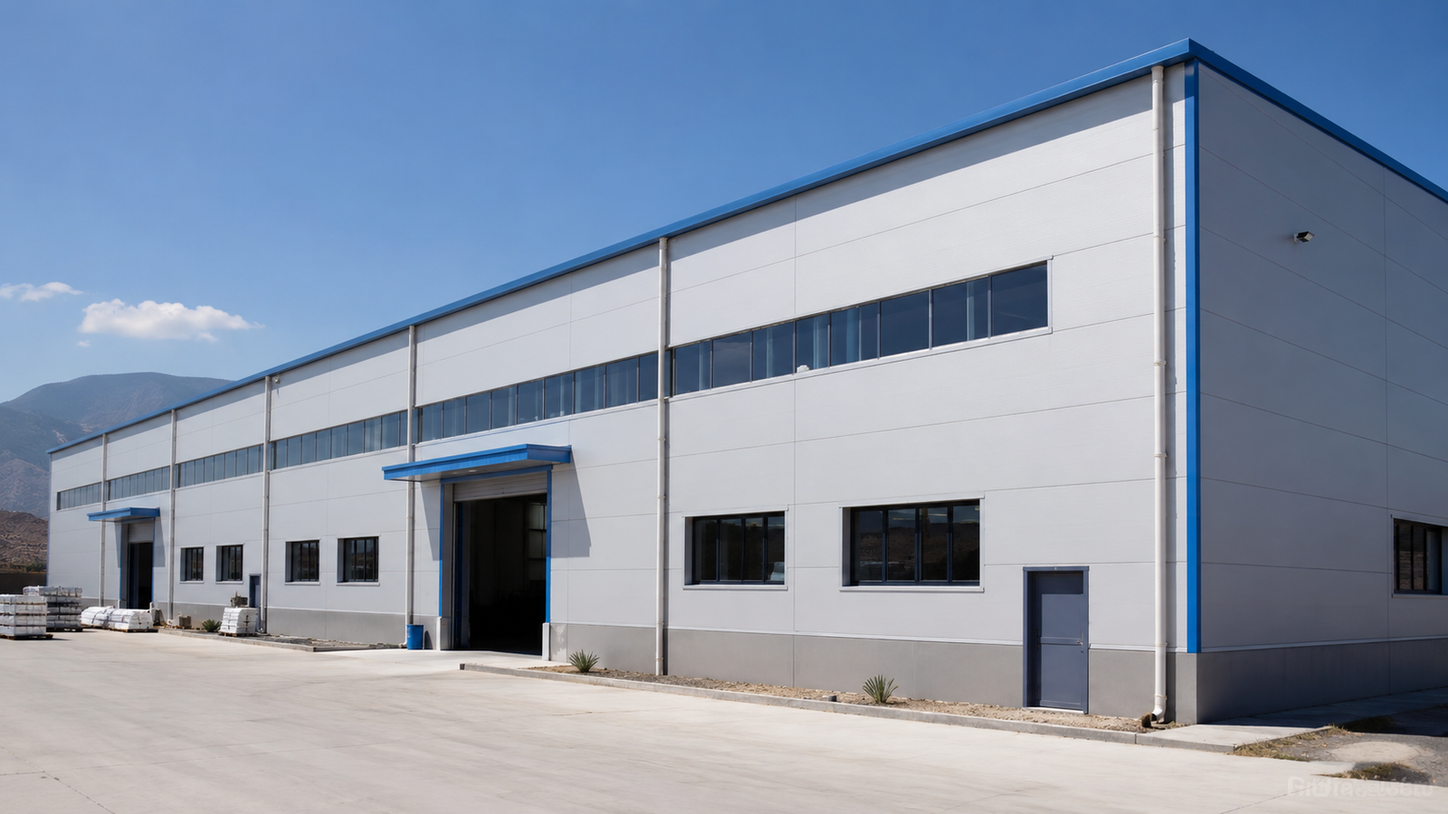 Industrial workshop side view with PU insulated sandwich panels