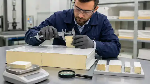 Engineer measuring PIR sandwich panel core thickness with calipers